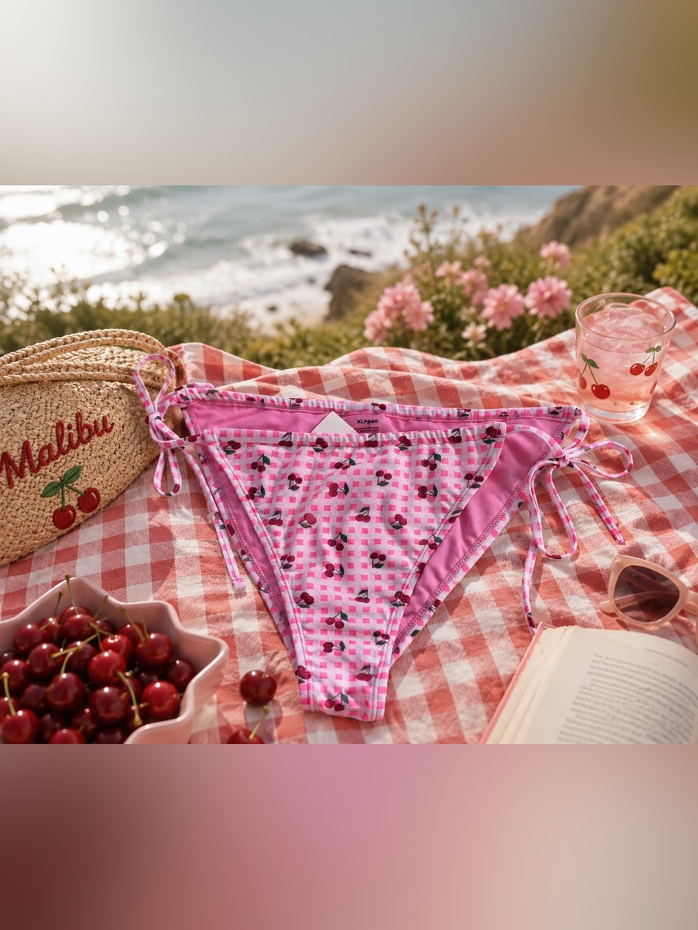 🍒 Cyn & Luca Cherry Gingham Tie Side Bikini Bottoms XL NWT